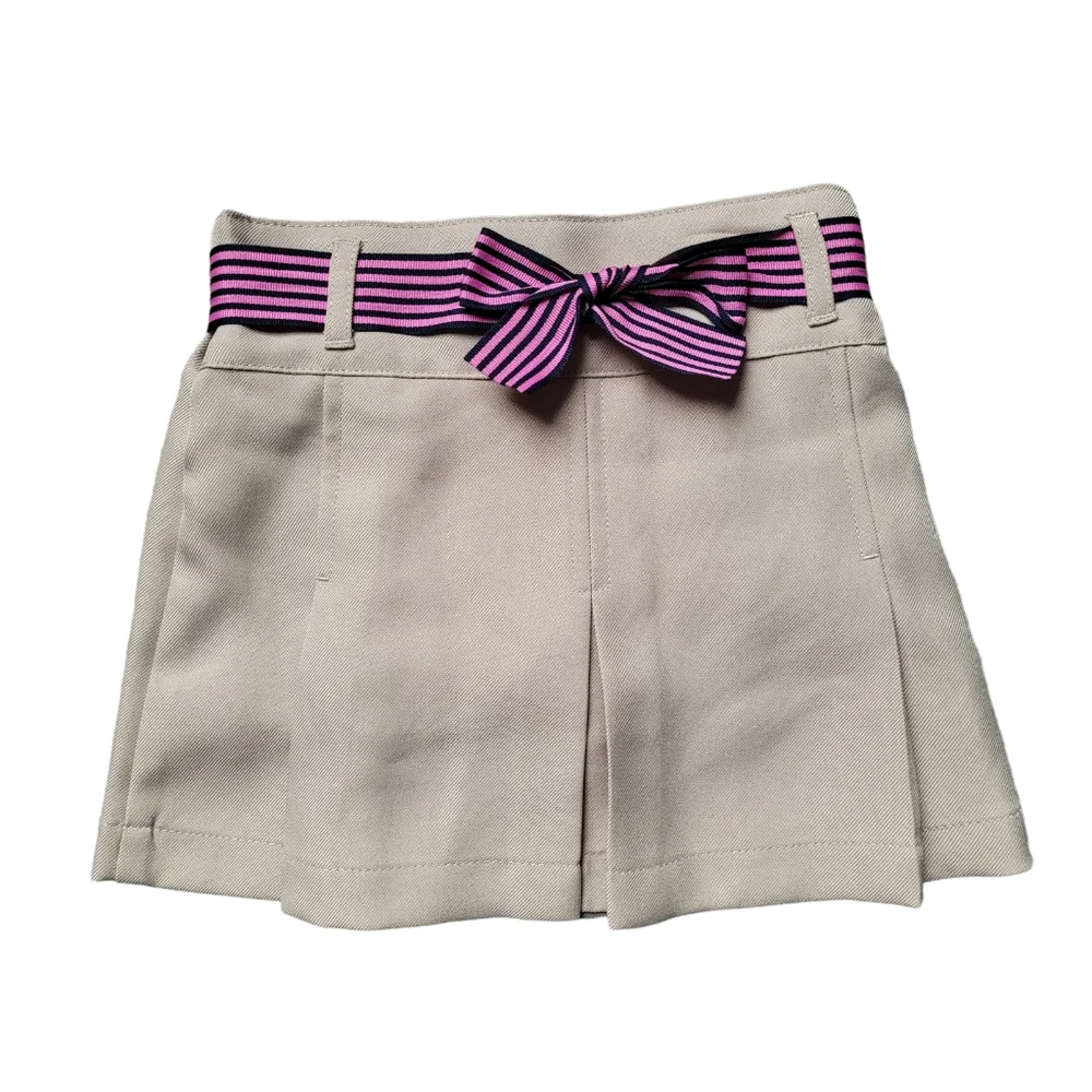 Girls A-Line Pleated Khaki Scooter Skirt Skort Uniform Striped Ribbon Belt Size - Picture 1 of 6